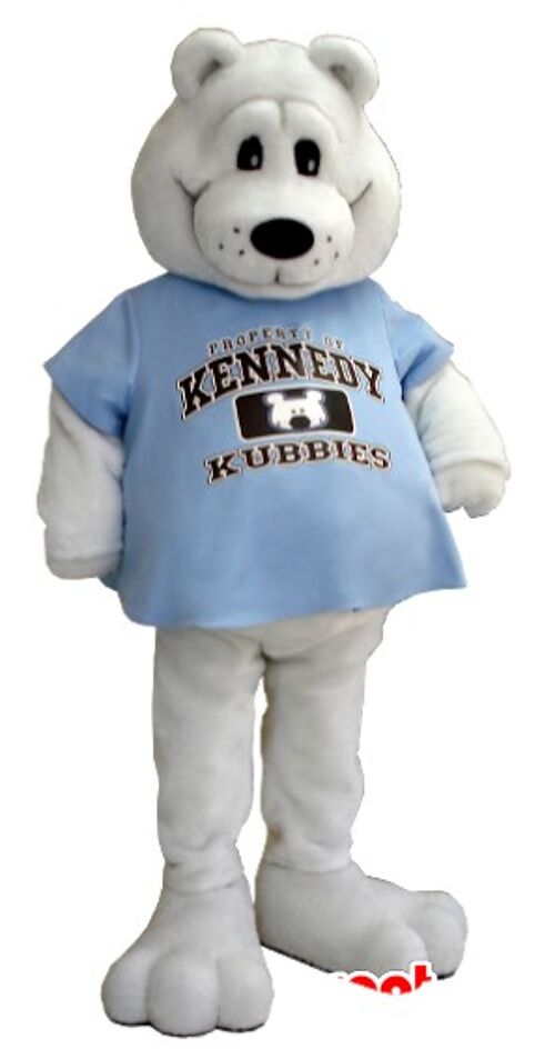 Costume de mascotte personnalisable d'ours blanc avec un t-shirt bleu.