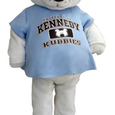 Costume de mascotte personnalisable d'ours blanc avec un t-shirt bleu.