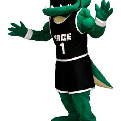 Costume de mascotte personnalisable de crocodile vert en tenue de sport noire.