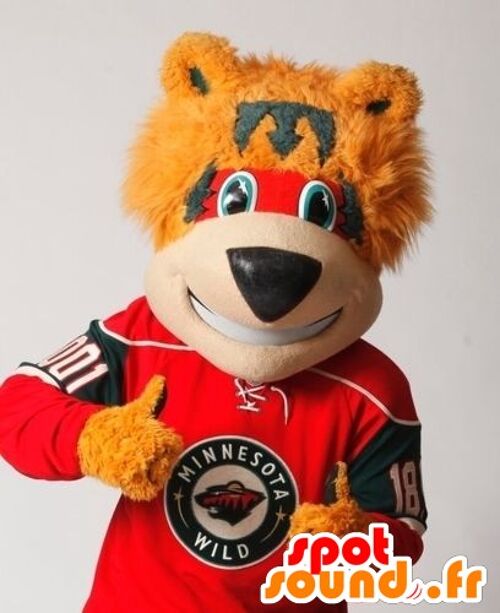 Costume de mascotte personnalisable d'ours orange, rouge et gris.