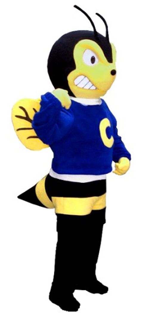 Costume de mascotte personnalisable de guêpe jaune et noire, à l'air agressif.