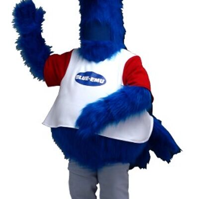 Costume de mascotte personnalisable d'autruche bleue, blanche et rouge.