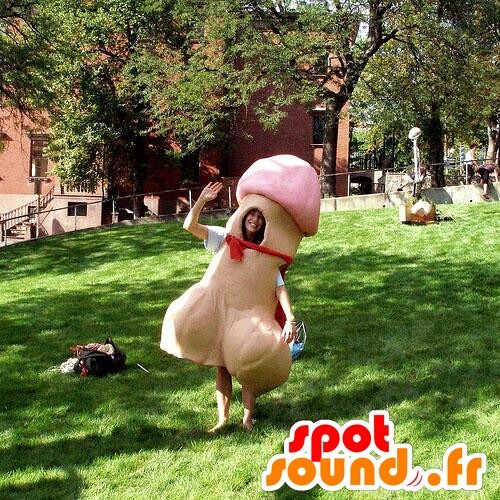 Costume de mascotte personnalisable de pénis géant, beige et rose.