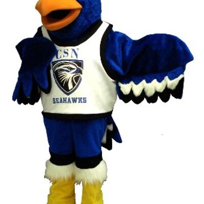Costume de mascotte personnalisable d'aigle bleu, noir et blanc.