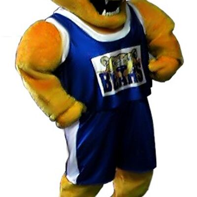 Costume de mascotte personnalisable d'ours jaune en tenue de sport.