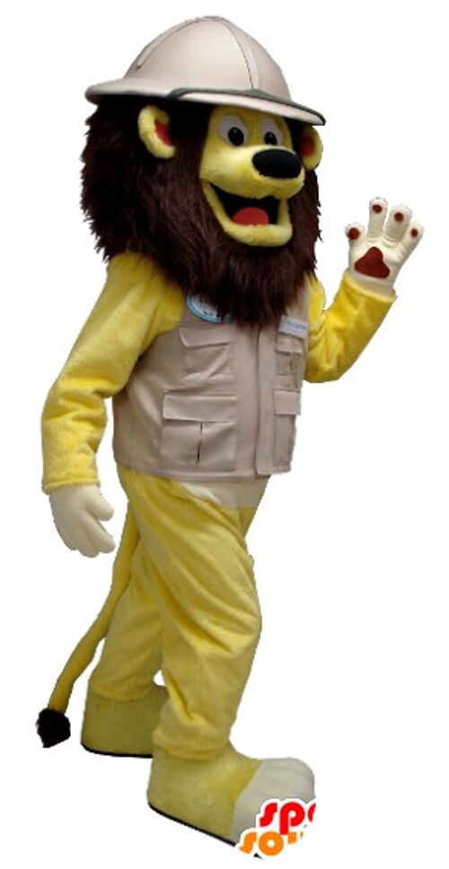 Costume de mascotte personnalisable de lion jaune en tenue d'explorateur.