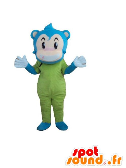 Costume de mascotte personnalisable de singe, de bonhomme bleu, beige et vert.