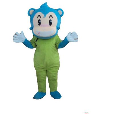 Costume de mascotte personnalisable de singe, de bonhomme bleu, beige et vert.