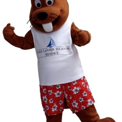 Costume de mascotte personnalisable de marmotte marron, en tenue de vacancier.