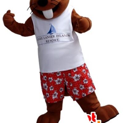 Costume de mascotte personnalisable de marmotte marron, en tenue de vacancier.