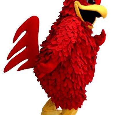 Costume de mascotte personnalisable de coq rouge et jaune, de poule géante.