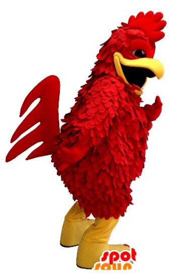 Costume de mascotte personnalisable de coq rouge et jaune, de poule géante.