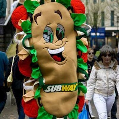 Costume de mascotte personnalisable de sandwich géant et souriant - Costume de mascotte personnalisable Subway.