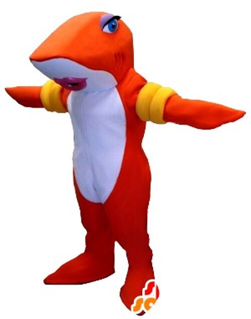 Costume de mascotte personnalisable de poisson, de requin orange et blanc avec des brassards.