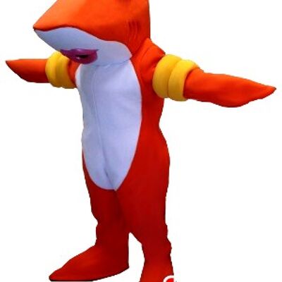 Costume de mascotte personnalisable de poisson, de requin orange et blanc avec des brassards.
