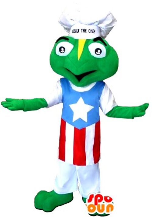 Costume de mascotte personnalisable de grenouille habillée avec une toque et un tablier.