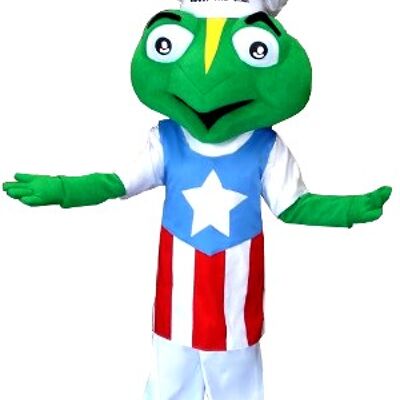 Costume de mascotte personnalisable de grenouille habillée avec une toque et un tablier.