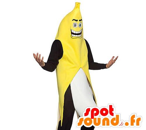 Costume de mascotte personnalisable de banane géante, jaune, noire et blanche.
