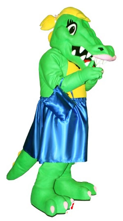 Costume de mascotte personnalisable de crocodile vert et jaune avec une robe bleue.