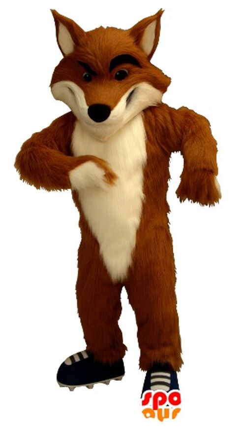 Costume de mascotte personnalisable de renard orange et blanc, avec des baskets.