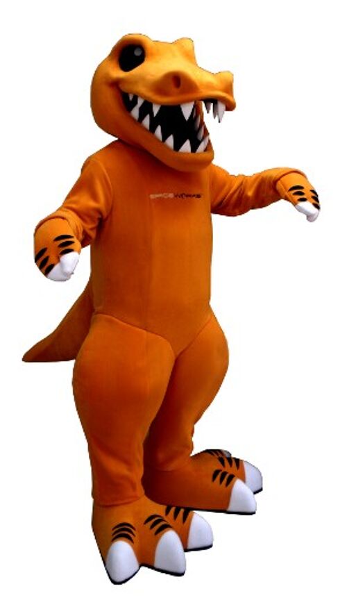 Costume de mascotte personnalisable de dinosaure orange et blanc, avec de grandes dents.