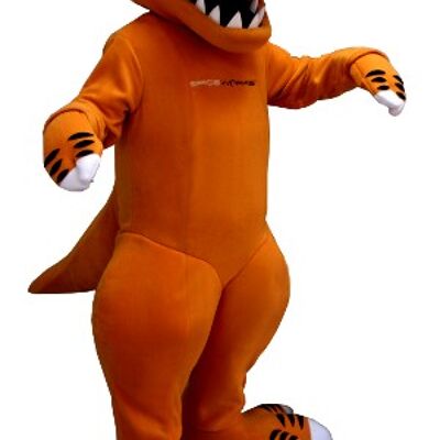 Costume de mascotte personnalisable de dinosaure orange et blanc, avec de grandes dents.