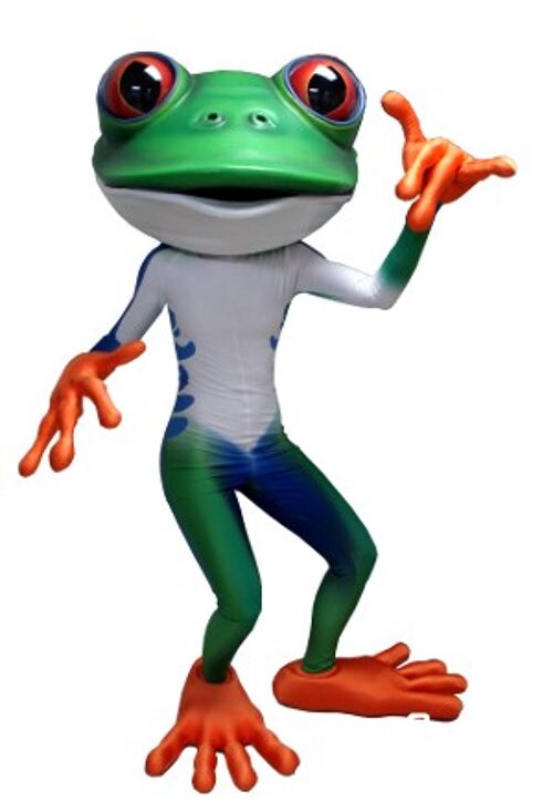 Costume de mascotte personnalisable de grenouille verte, blanche, bleue et orange.