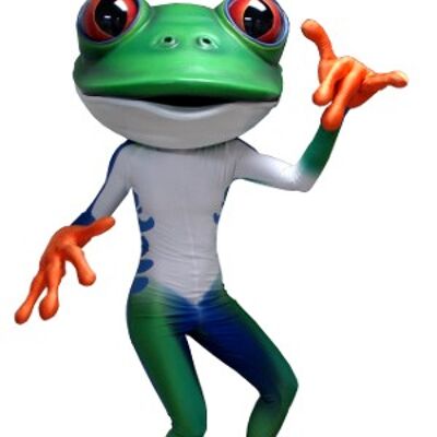 Costume de mascotte personnalisable de grenouille verte, blanche, bleue et orange.