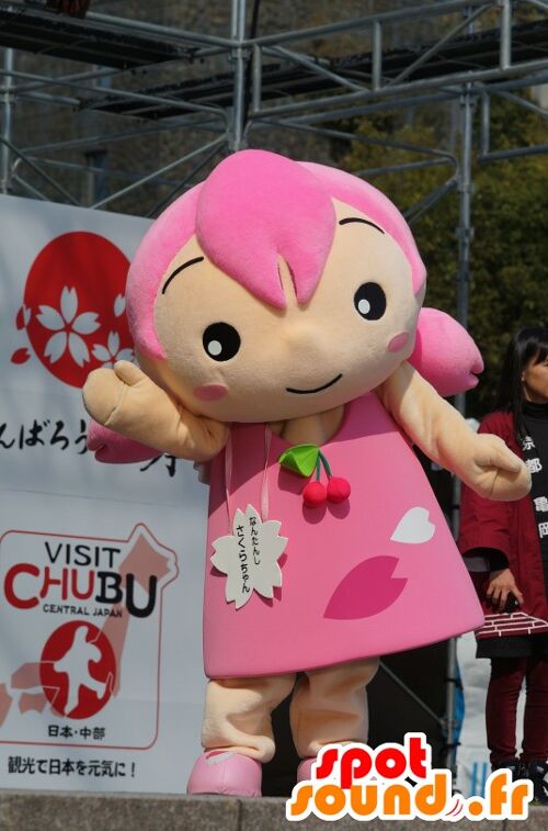 Costume de mascotte personnalisable de fillette avec les cheveux et une robe rose.