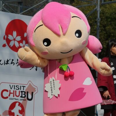 Costume de mascotte personnalisable de fillette avec les cheveux et une robe rose.