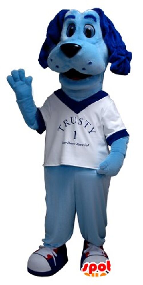 Costume de mascotte personnalisable de chien bleu avec un t-shirt blanc.