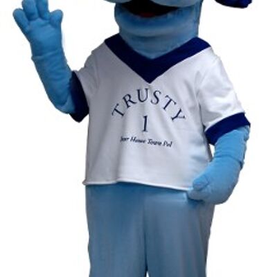 Costume de mascotte personnalisable de chien bleu avec un t-shirt blanc.