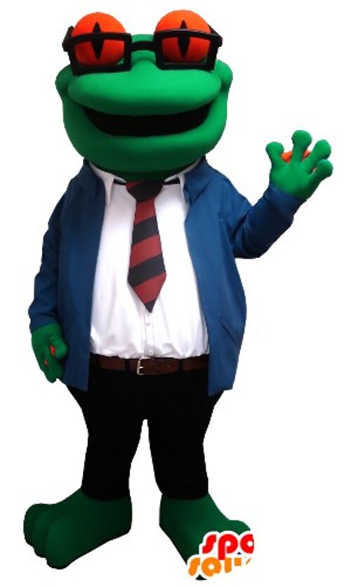 Costume de mascotte personnalisable de grenouille avec des lunettes, et un costume cravate.