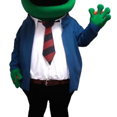 Costume de mascotte personnalisable de grenouille avec des lunettes, et un costume cravate.