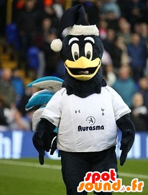 Costume de mascotte personnalisable d'oiseau noir, bleu et blanc, de corbeau.