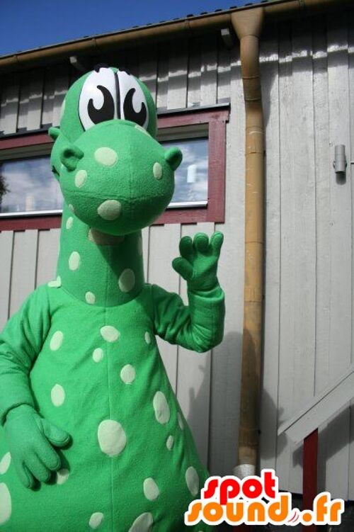 Costume de mascotte personnalisable de dragon, de dinosaure vert à pois blancs.