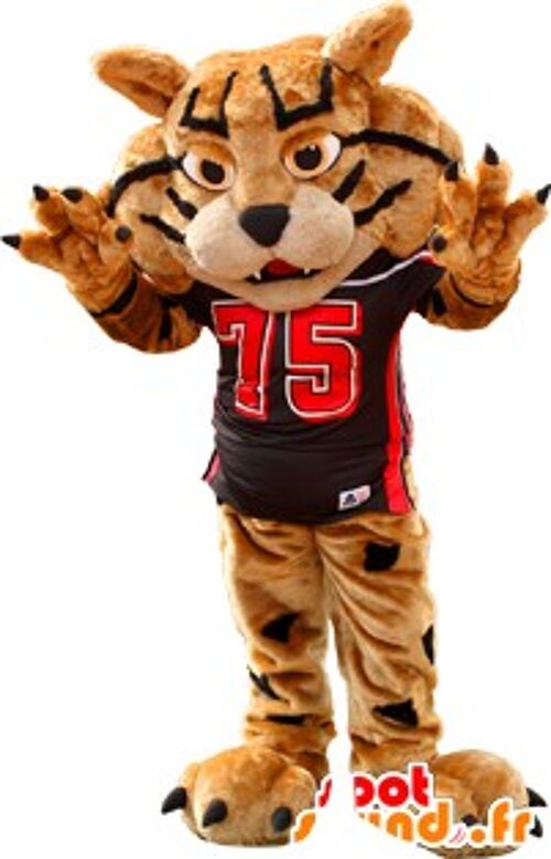 Costume de mascotte personnalisable de tigre marron et noir, en tenue de sport.