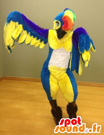 Costume de mascotte personnalisable de perroquet, d'oiseau multicolore.
