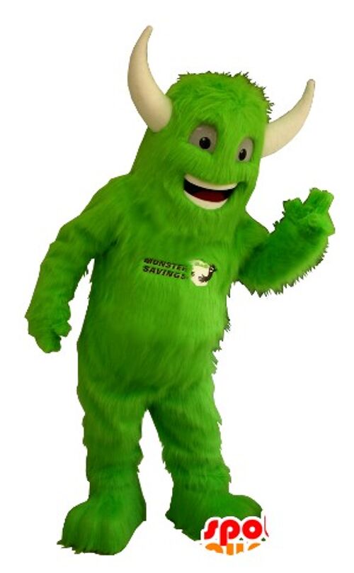 Costume de mascotte personnalisable de monstre vert tout poilu, avec des cornes.