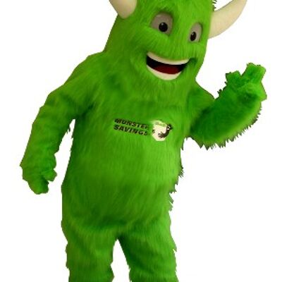 Costume de mascotte personnalisable de monstre vert tout poilu, avec des cornes.