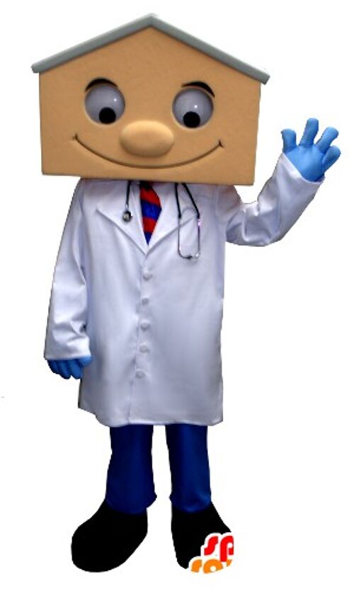Costume de mascotte personnalisable de médecin en blouse, avec une tête en forme de maison.