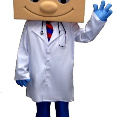 Costume de mascotte personnalisable de médecin en blouse, avec une tête en forme de maison.