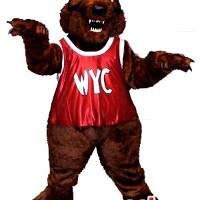 Costume de mascotte personnalisable d'ours marron, rugissant, avec un dossard rouge.