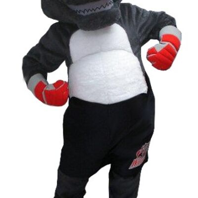 Costume de mascotte personnalisable d'ours gris, de yenne, en tenue de boxeur.