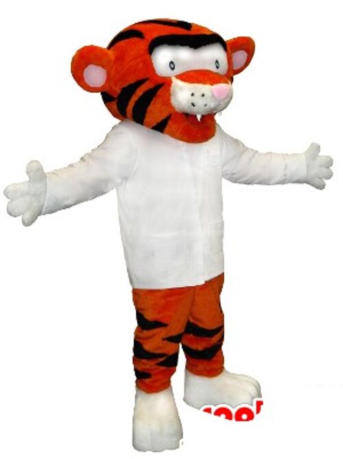 Costume de mascotte personnalisable de tigre orange et noir avec une chemise blanche.