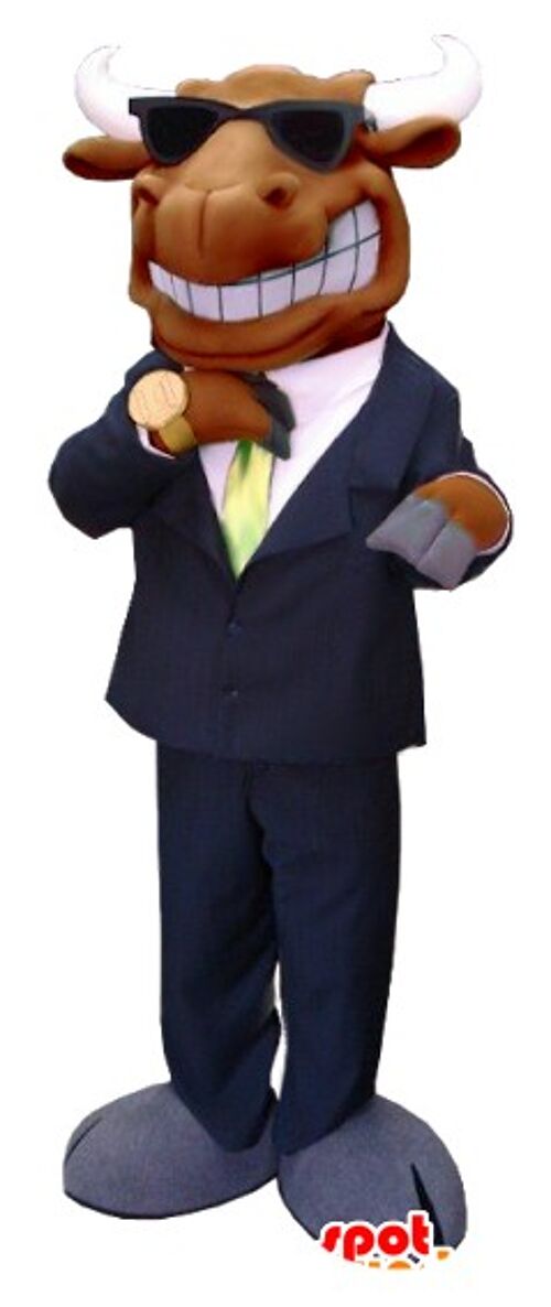 Costume de mascotte personnalisable d'élan, de caribou marron, habillé d'un costume-cravate.