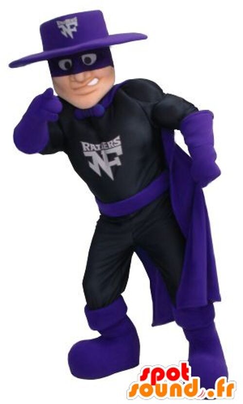 Costume de mascotte personnalisable de Zorro, de super-héros en tenue noire et violette.