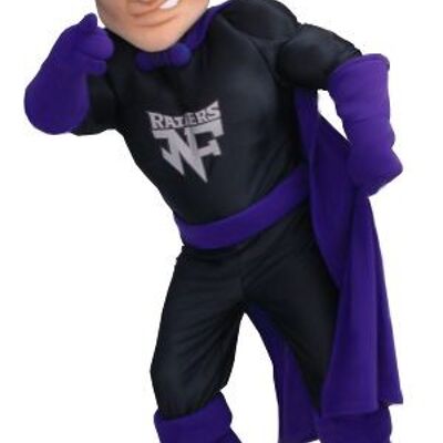 Costume de mascotte personnalisable de Zorro, de super-héros en tenue noire et violette.