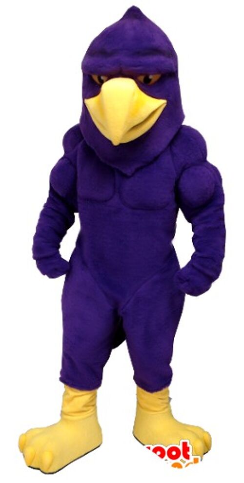 Costume de mascotte personnalisable d'aigle, d'oiseau violet et jaune, très musclé.