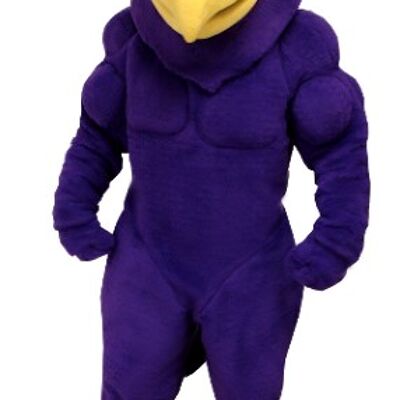 Costume de mascotte personnalisable d'aigle, d'oiseau violet et jaune, très musclé.